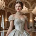 An elegant woman with a porcelain complexion, dressed in a Victorian-era ballgown, adorned with delicate lace and sparkling jewels, standing in a grandiose ballroom, Highly Detailed, Half Body, Gorgeous, Stunning, Elegant by Stanley Artgerm Lau