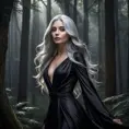 A mysterious woman with long silver hair, dressed in a sleek black gown, standing in a moonlit forest, shadows casting over her face, a mystical aura surrounding her, dramatic lighting, high contrast, Highly Detailed, Half Body, Gorgeous, Stunning, Elegant by Stanley Artgerm Lau