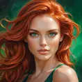 A vibrantly beautiful woman with fiery red hair, emerald green eyes, and a passionate expression, radiating energy and intensity, Highly Detailed, Half Body, Gorgeous, Stunning, Elegant by Stanley Artgerm Lau