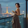 A graceful figure, dressed in an elegant evening gown, taking a moment of solitude on a balcony overlooking the city lights, a glass of wine in hand and a thoughtful expression on her face., Highly Detailed, Half Body, Gorgeous, Stunning, Elegant by Stanley Artgerm Lau