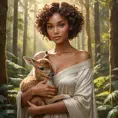 A captivating vision of a woman with warm brown skin and mahogany curls, cradling a small fawn in her arms while surrounded by a lush, sunlit forest, dressed in simple yet elegant earth-toned garments., Highly Detailed, Half Body, Gorgeous, Stunning, Elegant by Stanley Artgerm Lau