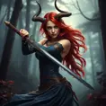 A gorgeous woman with horns and fiery red hair, wielding a sword in a mystical forest, Highly Detailed, Half Body, Gorgeous, Stunning, Elegant