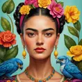 A captivating Frida Kahlo painting come to life, filled with vibrant colors and symbols, Highly Detailed, Half Body, Gorgeous, Stunning, Elegant by Stanley Artgerm Lau