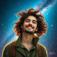 A brilliant and adventurous astrophysicist with an infectious enthusiasm and wild, curly brown hair, set against the breathtaking backdrop of a starry galaxy, Highly Detailed, Half Body, Gorgeous, Stunning, Elegant by Stanley Artgerm Lau