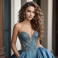 A stunning woman with piercing blue eyes and long, curly brown hair, posing in a elegant evening gown, Highly Detailed, Half Body, Gorgeous, Stunning, Elegant