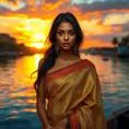 A gorgeous woman with glowing olive skin, wearing a traditional silk sari, standing by a river at sunset, the sky ablaze with colors, the water reflecting the vibrant hues, serene expression, richly detailed, Highly Detailed, Half Body, Gorgeous, Stunning, Elegant by Stanley Artgerm Lau