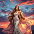 A stunning woman with flowing long hair, standing on a cliff at sunset, dressed in an elegant gown, her expression serene and contemplative, vivid colors in the sky reflecting on her face., Highly Detailed, Half Body, Gorgeous, Stunning, Elegant by Stanley Artgerm Lau