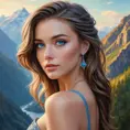 a stunning woman with piercing blue eyes, gazing out at a breathtaking mountain vista, Highly Detailed, Half Body, Gorgeous, Stunning, Elegant by Stanley Artgerm Lau