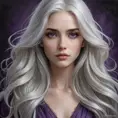 A hauntingly beautiful woman with long, flowing silver hair, deep violet eyes, and a melancholic expression, radiating mystery and allure, Highly Detailed, Half Body, Gorgeous, Stunning, Elegant by Stanley Artgerm Lau