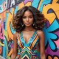 A radiant woman with dark skin and bright, colorful makeup, wearing a vibrant patterned dress, standing in front of a graffiti-covered wall, vivid colors, artistic and contemporary vibe, Highly Detailed, Half Body, Gorgeous, Stunning, Elegant by Stanley Artgerm Lau