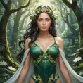 A serene goddess of nature, immersed in a lush, blooming forest, Highly Detailed, Half Body, Gorgeous, Stunning, Elegant by Stanley Artgerm Lau