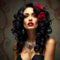 A stunning woman reminiscent of Salvador Dali's 'Gala', with bold red lips and curly black hair, Highly Detailed, Half Body, Gorgeous, Stunning, Elegant