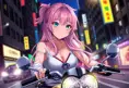 An anime-style illustration of a woman with pink hair and heterochromatic eyes (one blue, one green), riding her motorcycle through neon-lit city streets at night, Highly Detailed, Intricate, Half Body, Realistic