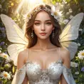 A beautiful woman with wings like a butterfly, surrounded by flowers and sunlight, Highly Detailed, Half Body, Gorgeous, Stunning, Elegant