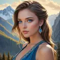 a stunning woman with piercing blue eyes, gazing out at a breathtaking mountain vista, Highly Detailed, Half Body, Gorgeous, Stunning, Elegant by Stanley Artgerm Lau