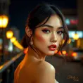 a captivating model with high cheekbones and full lips, posing for a fashion photoshoot against a backdrop of city lights, Highly Detailed, Half Body, Gorgeous, Stunning, Elegant by Stanley Artgerm Lau