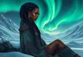 A detailed digital art of a woman with African features and beautiful braided hairstyle, sitting under the Northern Lights, surrounded by snowy landscapes, Highly Detailed, Intricate, Half Body, Realistic