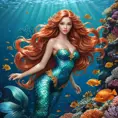 a whimsical mermaid with shimmering scales and a flowing auburn mane, swimming amidst coral reefs, Highly Detailed, Half Body, Gorgeous, Stunning, Elegant by Stanley Artgerm Lau