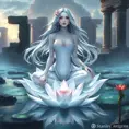 A serene depiction of a woman with pale lavender skin and flowing silver hair, sitting lotus-positioned atop a tranquil lotus flower in an otherworldly, bioluminescent pond, surrounded by ancient stone ruins., Highly Detailed, Half Body, Gorgeous, Stunning, Elegant by Stanley Artgerm Lau