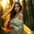 A radiant woman with flowing sun-kissed hair, emerald eyes, and a flowing silk gown, reminiscent of a Pre-Raphaelite masterpiece, in a serene forest at golden hour, Highly Detailed, Half Body, Gorgeous, Stunning, Elegant by Stanley Artgerm Lau