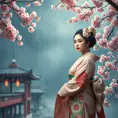 A graceful Japanese geisha in traditional attire during a cherry blossom storm, Highly Detailed, Half Body, Gorgeous, Stunning, Elegant by Stanley Artgerm Lau