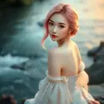 A delicate woman with a tranquil gaze and soft pink hair, seated beside a gently flowing river at dusk, Highly Detailed, Half Body, Gorgeous, Stunning, Elegant by Stanley Artgerm Lau