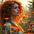 A vibrant woman with a cascade of fiery red curls, freckles, and a bohemian dress with floral patterns, amidst a field of blooming wildflowers at the peak of spring, Highly Detailed, Half Body, Gorgeous, Stunning, Elegant by Stanley Artgerm Lau