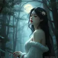 A serene moonlit beauty with porcelain skin and raven hair, lost in thought beneath a misty forest canopy., Highly Detailed, Half Body, Gorgeous, Stunning, Elegant by Stanley Artgerm Lau