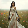 An ethereal beauty with long black hair, dressed in a delicate silk gown adorned with subtle golden accents, standing amidst a field of wildflowers, Highly Detailed, Half Body, Gorgeous, Stunning, Elegant by Stanley Artgerm Lau