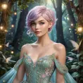 A whimsical woman with pastel-colored pixie hair, wearing a fairy tale-inspired gown with intricate embroidery, in an enchanted forest filled with twinkling lights, Highly Detailed, Half Body, Gorgeous, Stunning, Elegant by Stanley Artgerm Lau