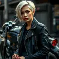 A striking woman with short platinum blonde hair, wearing a chic black leather jacket, leaning against a vintage motorcycle, gritty urban background, bold and edgy, cinematic lighting, Highly Detailed, Half Body, Gorgeous, Stunning, Elegant by Stanley Artgerm Lau