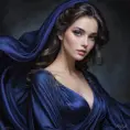 A captivating woman with a mysterious aura and deep violet eyes, draped in a flowing midnight blue gown, Highly Detailed, Half Body, Gorgeous, Stunning, Elegant by Stanley Artgerm Lau