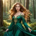 A radiant woman with flowing sun-kissed hair, emerald eyes, and a flowing silk gown, reminiscent of a Pre-Raphaelite masterpiece, in a serene forest at golden hour, Highly Detailed, Half Body, Gorgeous, Stunning, Elegant by Stanley Artgerm Lau