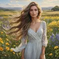 a beautiful woman with flowing hair, standing in a field of wildflowers, Highly Detailed, Half Body, Gorgeous, Stunning, Elegant by Stanley Artgerm Lau