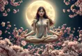 A surreal scene featuring a woman with almond-shaped eyes and porcelain skin, floating gracefully in a lotus position above blooming cherry blossom trees under a full moon, Highly Detailed, Intricate, Half Body, Realistic