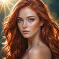 a stunningly beautiful woman with flowing red hair and piercing blue eyes, illuminated by warm sunlight, Highly Detailed, Half Body, Gorgeous, Stunning, Elegant by Stanley Artgerm Lau