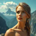 a stunning woman with piercing blue eyes, gazing out at a breathtaking mountain vista, Highly Detailed, Half Body, Gorgeous, Stunning, Elegant by Stanley Artgerm Lau