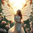 A beautiful woman with wings like a butterfly, surrounded by flowers and sunlight, Highly Detailed, Half Body, Gorgeous, Stunning, Elegant