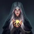 a mysterious sorceress with long silver hair and piercing violet eyes, holding a glowing orb in her hands, Highly Detailed, Half Body, Gorgeous, Stunning, Elegant by Stanley Artgerm Lau