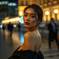 a captivating model with high cheekbones and full lips, posing for a fashion photoshoot against a backdrop of city lights, Highly Detailed, Half Body, Gorgeous, Stunning, Elegant by Stanley Artgerm Lau