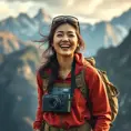 An adventurous explorer woman against a breathtaking mountain backdrop, wearing hiking gear, her joyful laughter echoing through the air, wind tousling her hair and a camera slung around her neck., Highly Detailed, Half Body, Gorgeous, Stunning, Elegant by Stanley Artgerm Lau