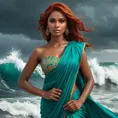 A breathtaking portrayal of a woman with dark umber skin and fiery copper hair, standing defiantly amidst the crashing waves of a stormy sea, dressed in a vibrant turquoise sari, her eyes locked onto an approaching thunderstorm., Highly Detailed, Half Body, Gorgeous, Stunning, Elegant by Stanley Artgerm Lau