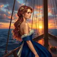 An exquisite illustration of a woman with porcelain skin and rose-gold hair, posing gracefully on the bow of a historic sailing ship, wearing a period-accurate gown in rich sapphire blue, as she looks out towards the horizon at sunset., Highly Detailed, Half Body, Gorgeous, Stunning, Elegant by Stanley Artgerm Lau