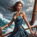 A woman of strength and determination, standing at the helm of a ship as it cuts through turbulent waters, navigating the challenges of life with courage and resilience., Highly Detailed, Half Body, Gorgeous, Stunning, Elegant by Stanley Artgerm Lau