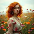 A vibrant woman with a cascade of fiery red curls, freckles, and a bohemian dress with floral patterns, amidst a field of blooming wildflowers at the peak of spring, Highly Detailed, Half Body, Gorgeous, Stunning, Elegant by Stanley Artgerm Lau