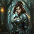 A majestic warrior woman in ornate armor, standing in a mystical forest, her piercing eyes reflecting confidence and strength, surrounded by ethereal glowing lights and ancient trees., Highly Detailed, Half Body, Gorgeous, Stunning, Elegant by Stanley Artgerm Lau