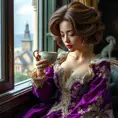 A mature lady with chestnut brown hair streaked with silver, dressed in a rich purple velvet dress adorned with antique lace, sipping tea by an open window, Highly Detailed, Half Body, Gorgeous, Stunning, Elegant by Stanley Artgerm Lau