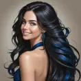 A stunningly gorgeous woman with long, raven hair cascading down her back, piercing blue eyes, and a captivating smile, radiating confidence and elegance, Highly Detailed, Half Body, Gorgeous, Stunning, Elegant by Stanley Artgerm Lau