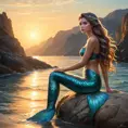 A mystical mermaid sitting on a rock by the shore at sunset, Highly Detailed, Half Body, Gorgeous, Stunning, Elegant by Stanley Artgerm Lau