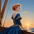 An exquisite illustration of a woman with porcelain skin and rose-gold hair, posing gracefully on the bow of a historic sailing ship, wearing a period-accurate gown in rich sapphire blue, as she looks out towards the horizon at sunset., Highly Detailed, Half Body, Gorgeous, Stunning, Elegant by Stanley Artgerm Lau